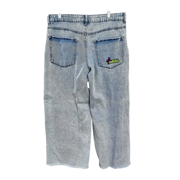 ALAB Skull Rave Jeans Ultra Wide Leg Embroidered Denim Pants Size 10 Y2K Blue - Picture 6 of 8